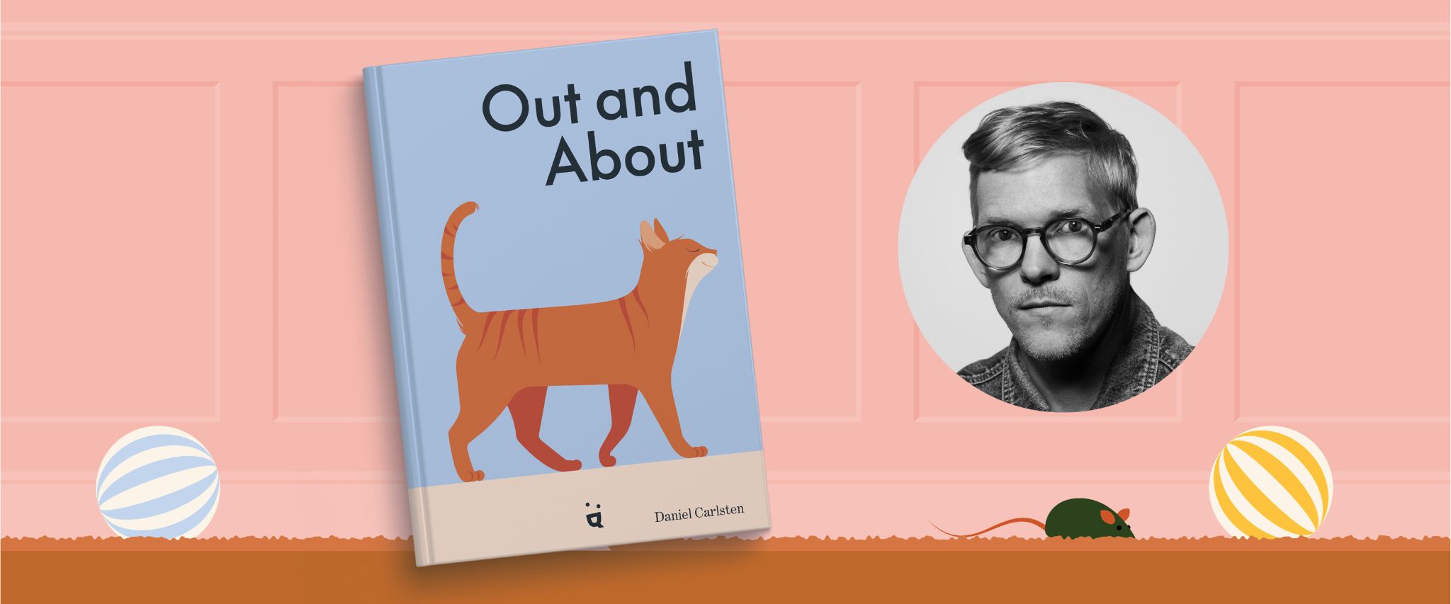 Web banner of a ginger cat on a pink background and photo of Daniel Carlsten