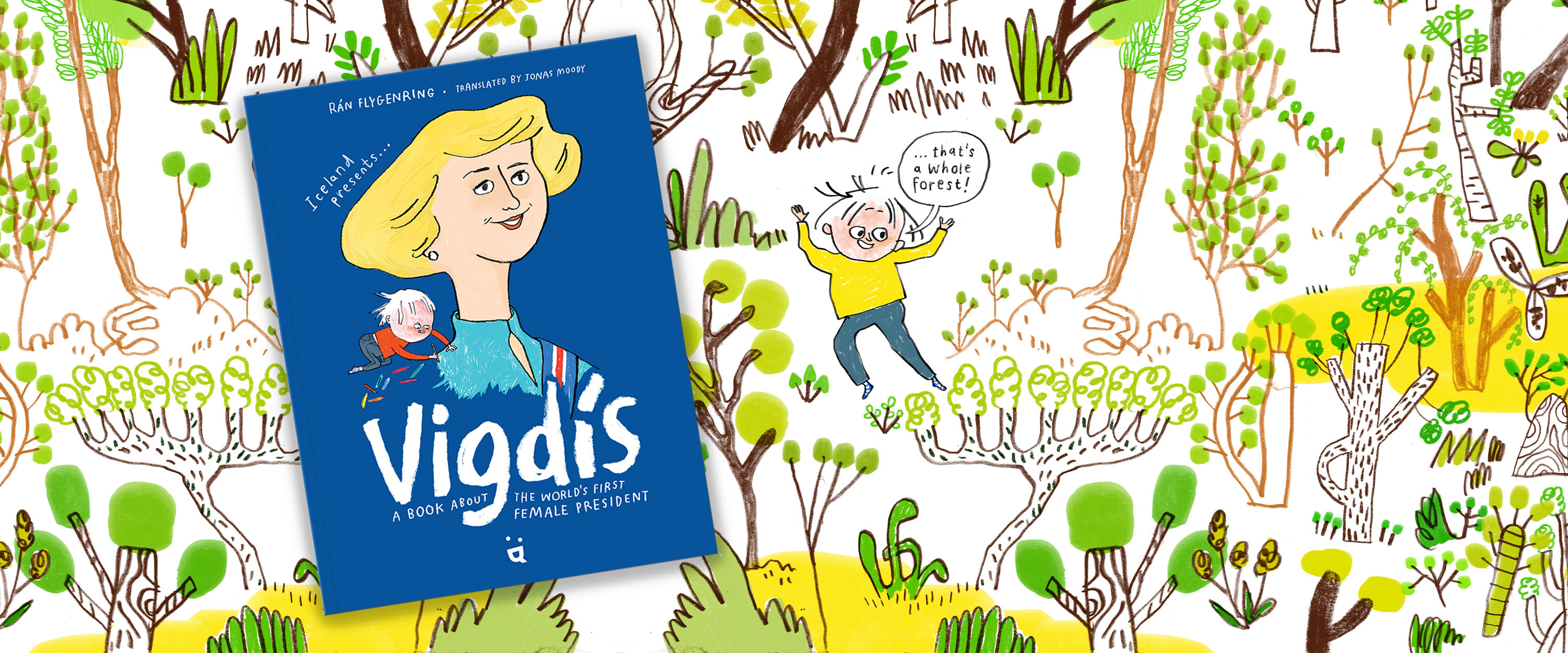 Cover of the book Vigdis with a blue background, set against a backdrop of white and green illustrations extracted from the book."