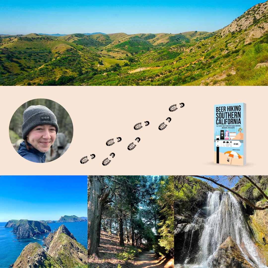 A collage showcasing Southern California's beer hiking experience: rolling green hills, a portrait of the author, a book cover of Beer Hiking Southern California, island cliffs, a forest trail, and a waterfall.