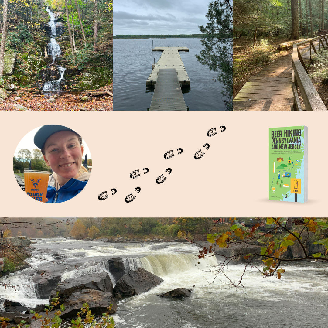 A collage of beer hiking in Pennsylvania: vibrant fall foliage, forest trails, wooden bridges over rivers, and a mix of scenic landscapes paired with craft beer experiences.